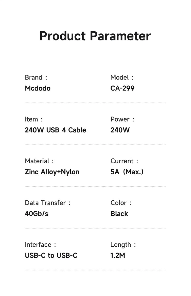 کابل C2C مک دودو مدل 240W USB 4 طول 1.2 متر