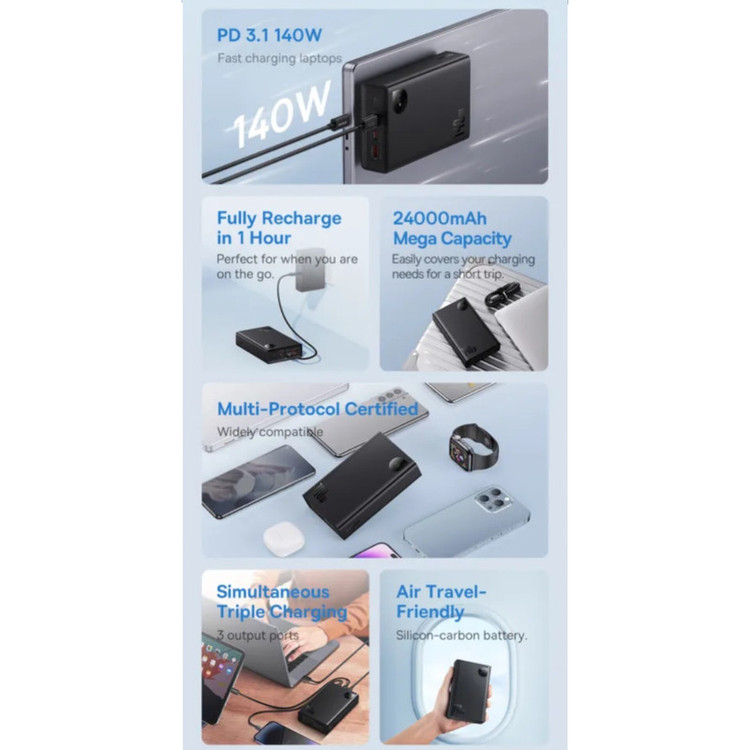 پاوربانک بیسوس مدل Adaman 140W ظرفیت 24000 میلی آمپر ساعت