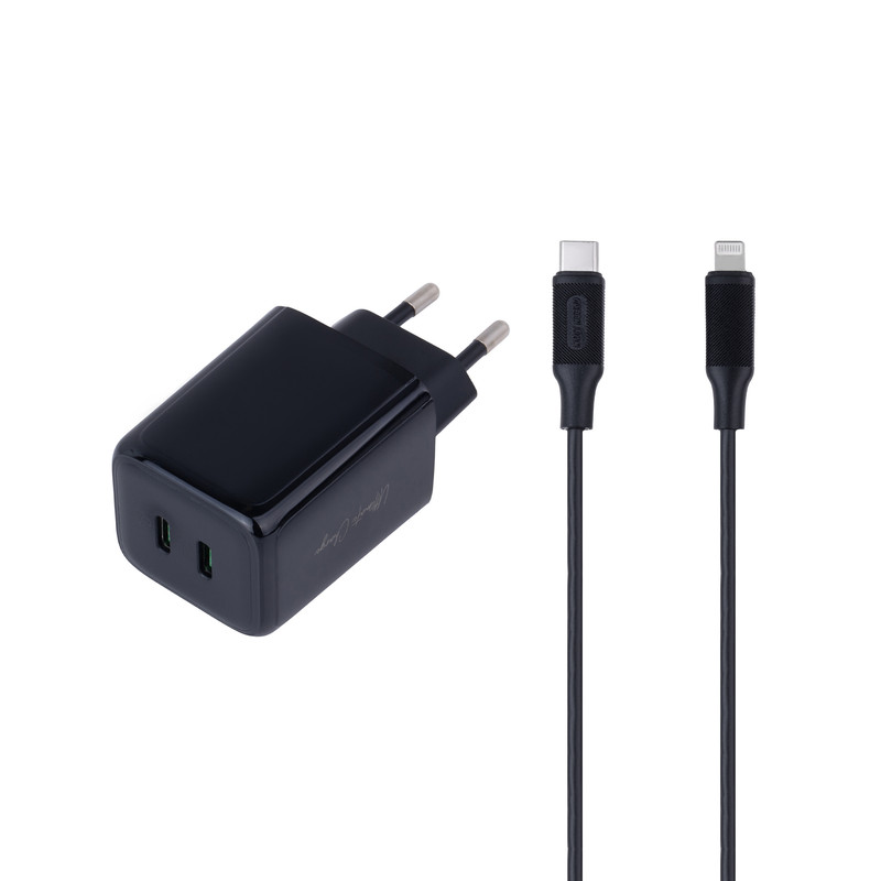 شارژر دیواری 20 وات دو پورت گرین لاین مدل GN40EUC2LBK به همراه کابل USB-C به لایتنینگ به طول 1 متر